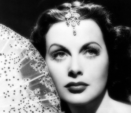 A black and white photo of actress Hedy Lamarr.