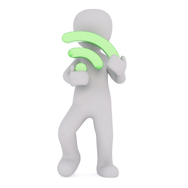 A silhouette of a cartoon man with a green WiFi signal coming from his hand.