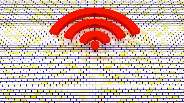 A raised red WiFi icon on a yellow and white brick background.