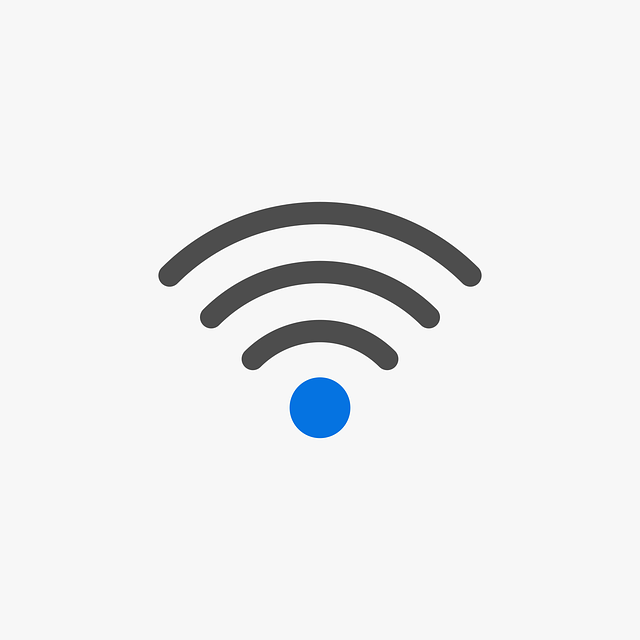 A WiFi logo featuring a blue dot and black waves.